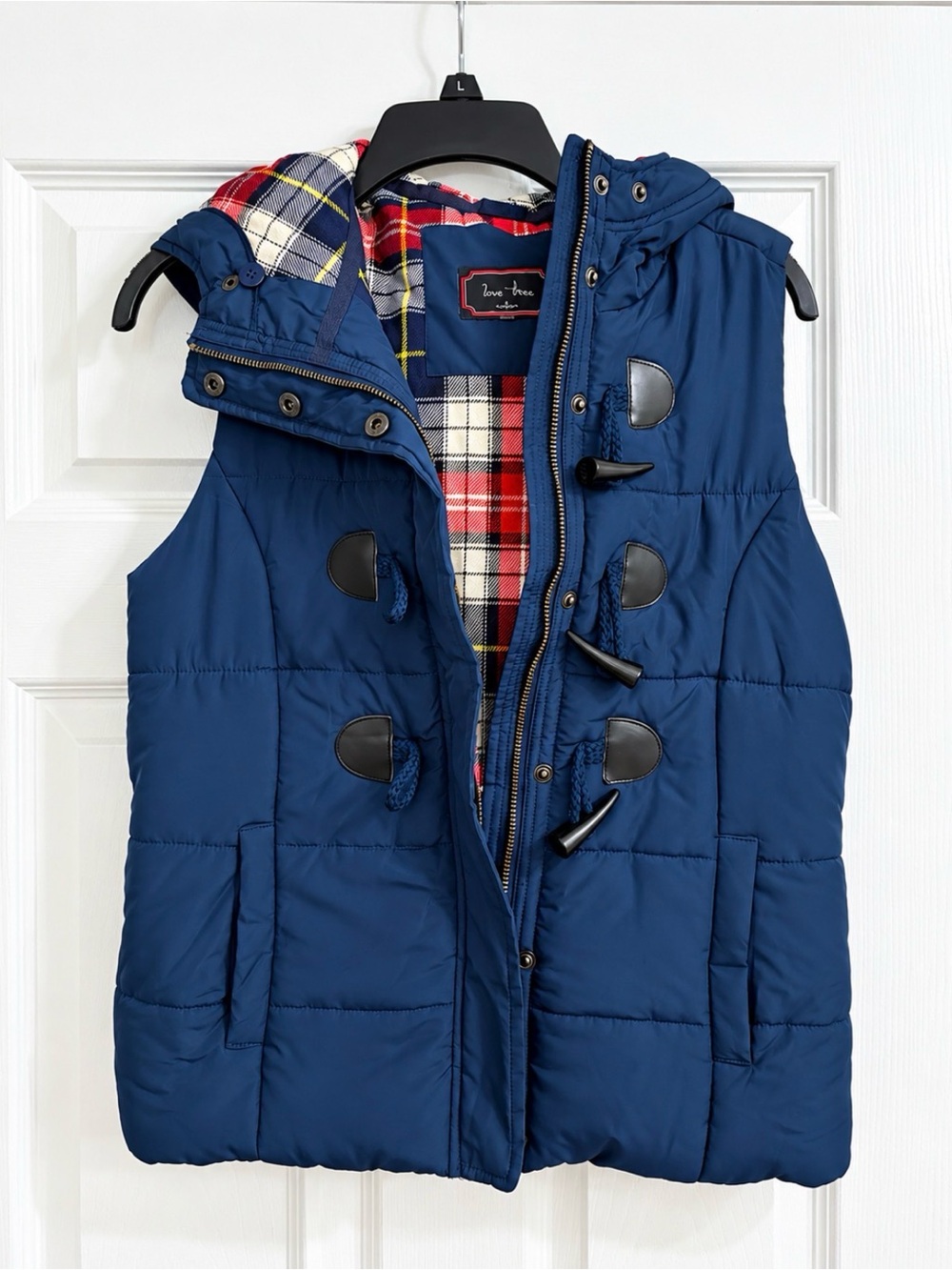 Love Tree Navy Quilted Hooded Puffer Vest with Plaid Lining